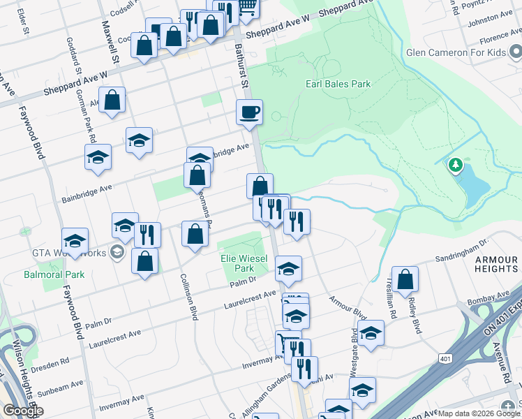 map of restaurants, bars, coffee shops, grocery stores, and more near 4160 Bathurst Street in Toronto