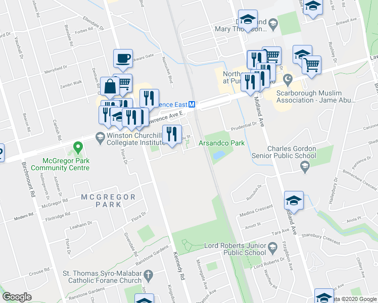 map of restaurants, bars, coffee shops, grocery stores, and more near 56 Jenkinson Way in Toronto