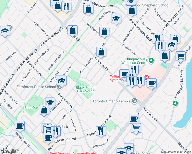 map of restaurants, bars, coffee shops, grocery stores, and more near 14 Needlewood Lane in Brampton
