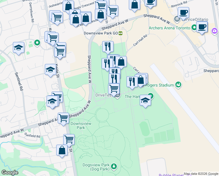 map of restaurants, bars, coffee shops, grocery stores, and more near 40 Carl Hall Road in Toronto
