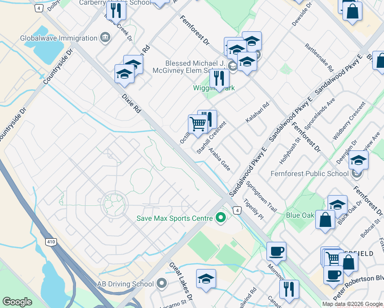 map of restaurants, bars, coffee shops, grocery stores, and more near 66 Starhill Crescent in Brampton