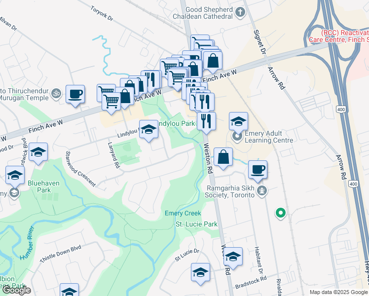 map of restaurants, bars, coffee shops, grocery stores, and more near 32 Lanyard Road in Toronto