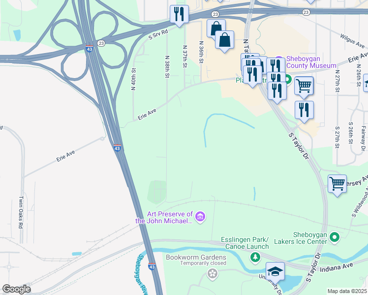 map of restaurants, bars, coffee shops, grocery stores, and more near 719 Greendale Road in Sheboygan