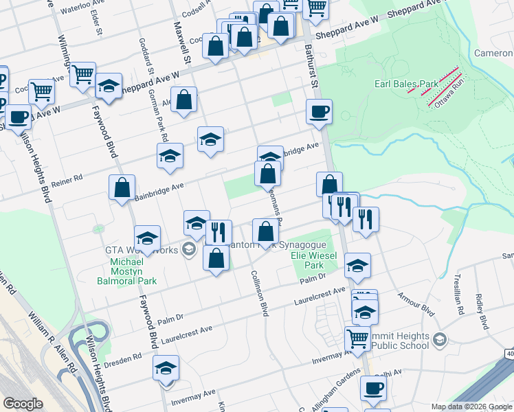 map of restaurants, bars, coffee shops, grocery stores, and more near 55 Danby Avenue in Toronto
