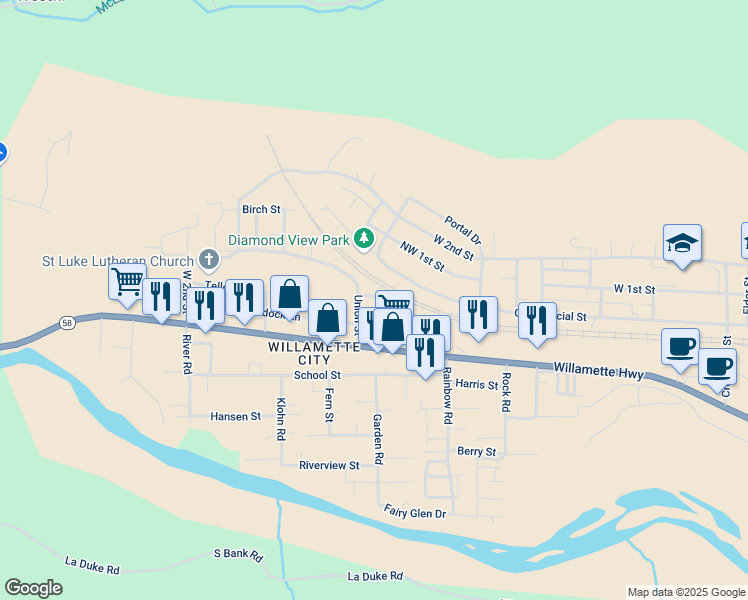 map of restaurants, bars, coffee shops, grocery stores, and more near 47662 Clark Street in Oakridge