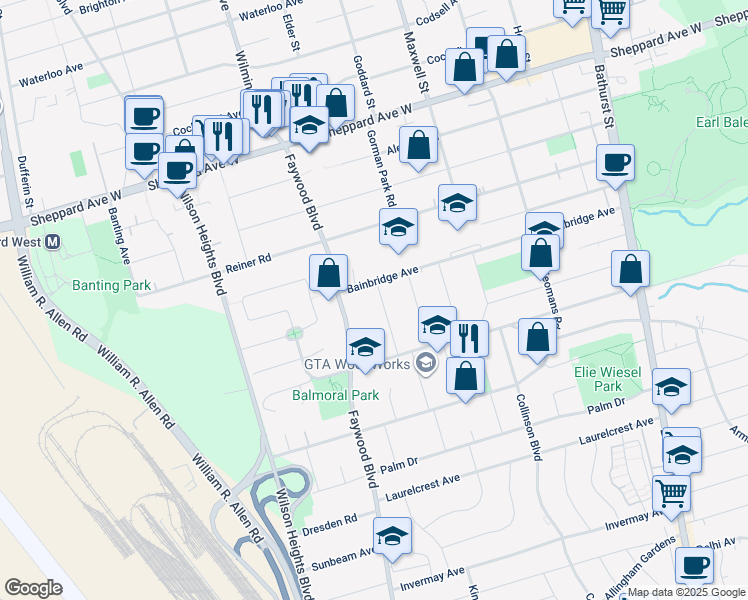 map of restaurants, bars, coffee shops, grocery stores, and more near in Toronto