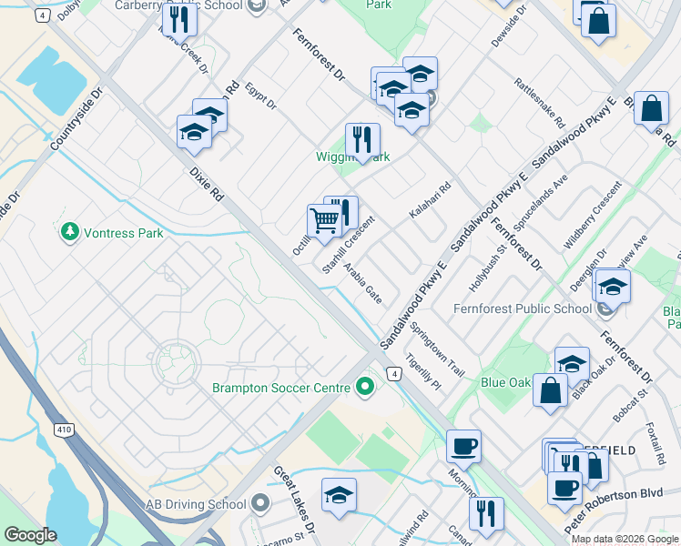 map of restaurants, bars, coffee shops, grocery stores, and more near 50 Gecko Court in Brampton
