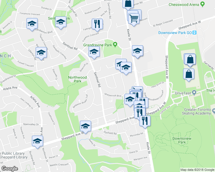 map of restaurants, bars, coffee shops, grocery stores, and more near 65 Orchardcroft Crescent in Toronto