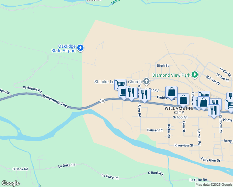 map of restaurants, bars, coffee shops, grocery stores, and more near 47399 Oregon 58 in Oakridge