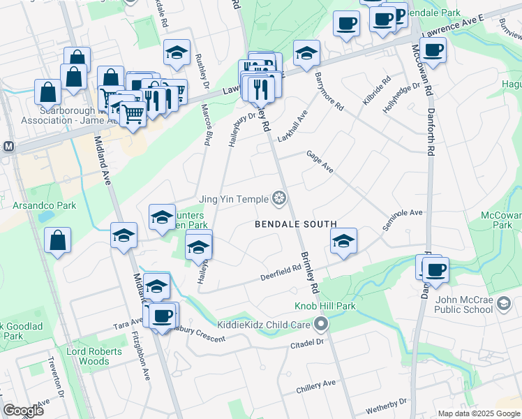 map of restaurants, bars, coffee shops, grocery stores, and more near 35 Penzance Drive in Toronto