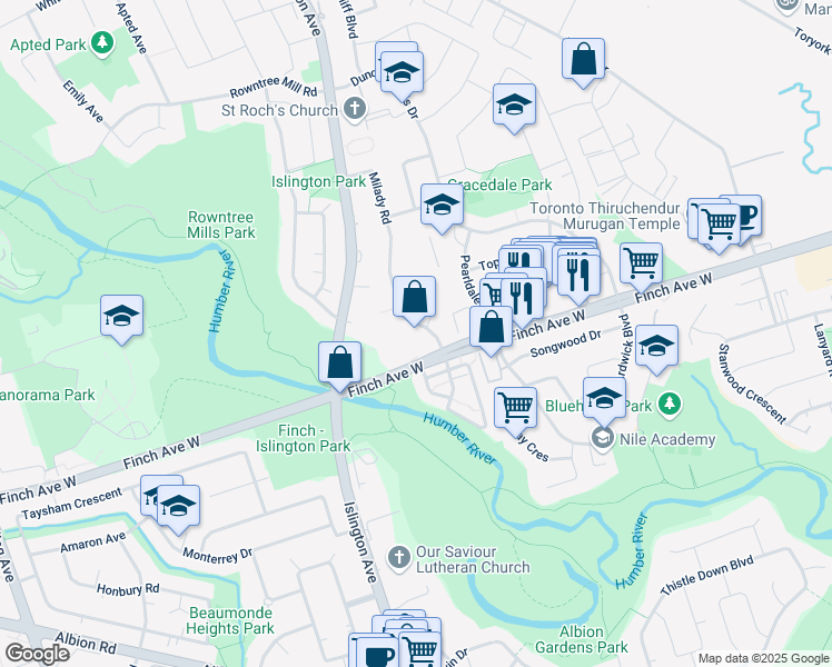 map of restaurants, bars, coffee shops, grocery stores, and more near 22 Milady Road in Toronto