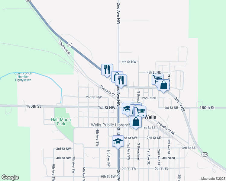 map of restaurants, bars, coffee shops, grocery stores, and more near 280 2nd Avenue Southwest in Wells