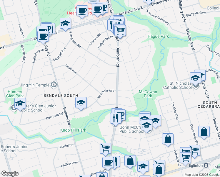 map of restaurants, bars, coffee shops, grocery stores, and more near in Toronto