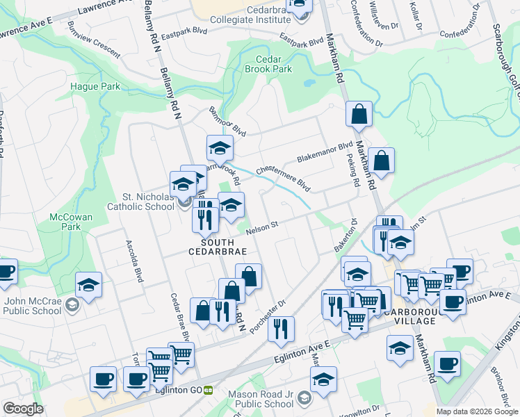 map of restaurants, bars, coffee shops, grocery stores, and more near 10 Blakemanor Boulevard in Toronto