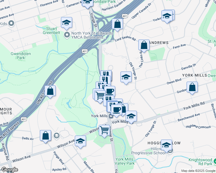 map of restaurants, bars, coffee shops, grocery stores, and more near 4211 Yonge Street in Toronto