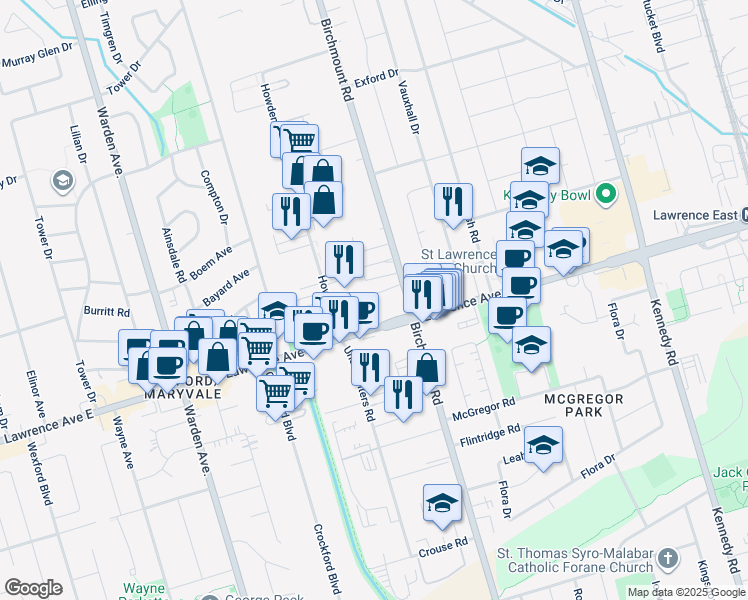 map of restaurants, bars, coffee shops, grocery stores, and more near 2150 Lawrence Avenue East in Toronto