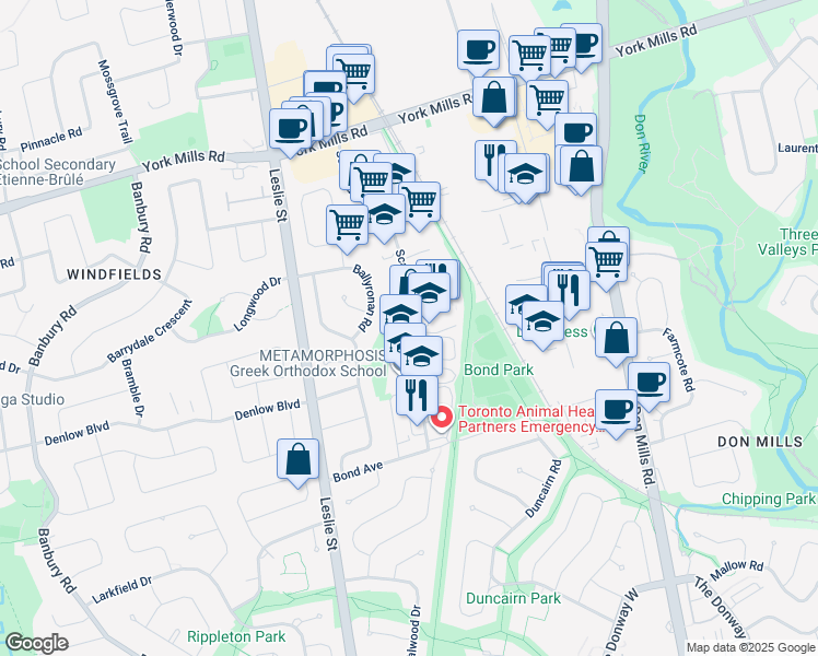 map of restaurants, bars, coffee shops, grocery stores, and more near in Toronto