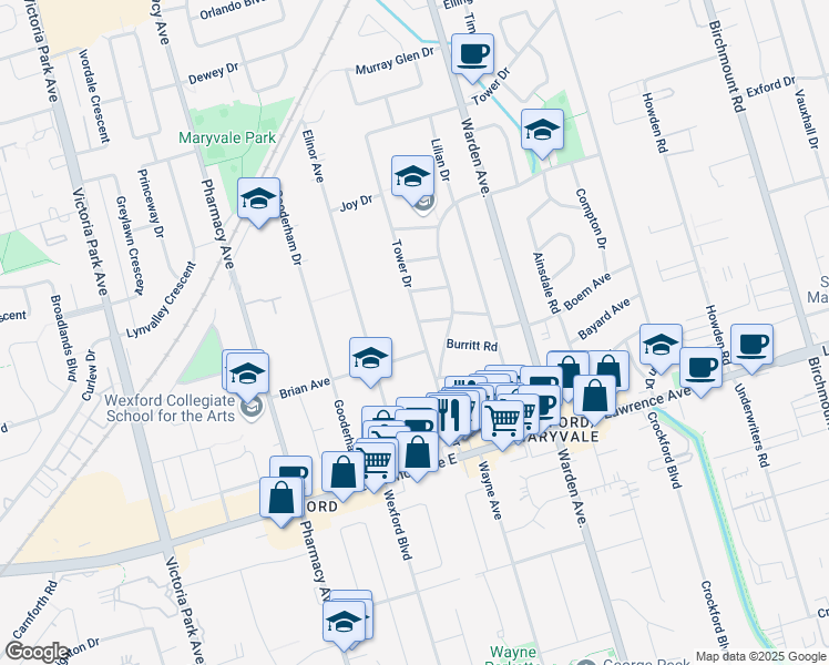 map of restaurants, bars, coffee shops, grocery stores, and more near 66 Tower Drive in Toronto