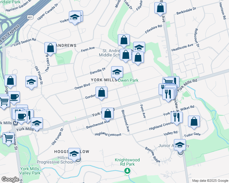 map of restaurants, bars, coffee shops, grocery stores, and more near 111 Gordon Road in Toronto