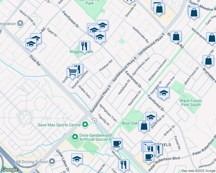 map of restaurants, bars, coffee shops, grocery stores, and more near Sandalwood Parkway East in Brampton