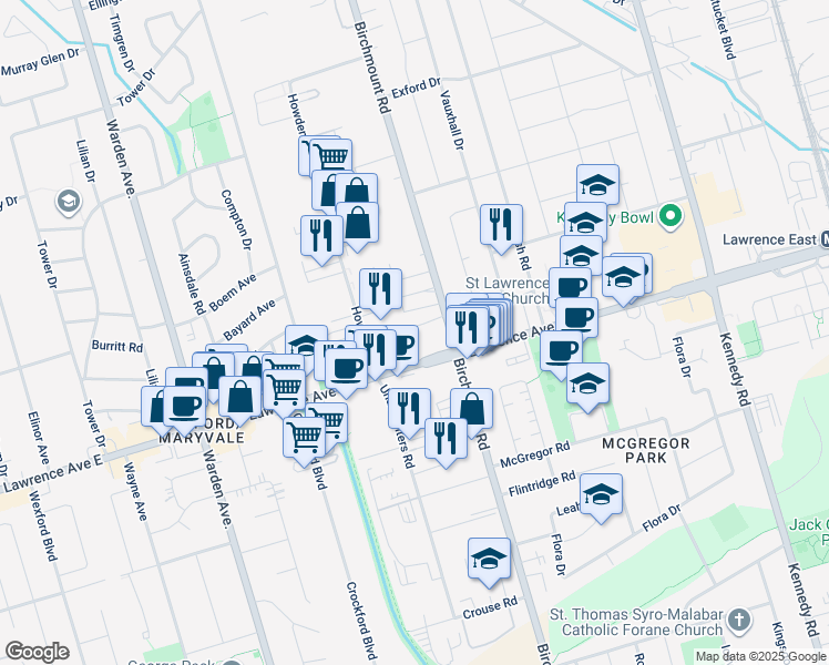 map of restaurants, bars, coffee shops, grocery stores, and more near in Toronto
