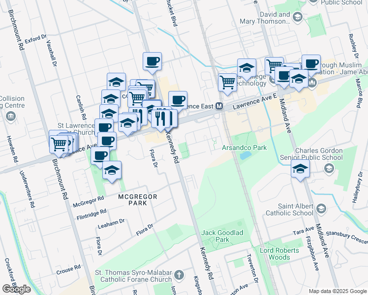 map of restaurants, bars, coffee shops, grocery stores, and more near 60 Mike Myers Drive in Toronto