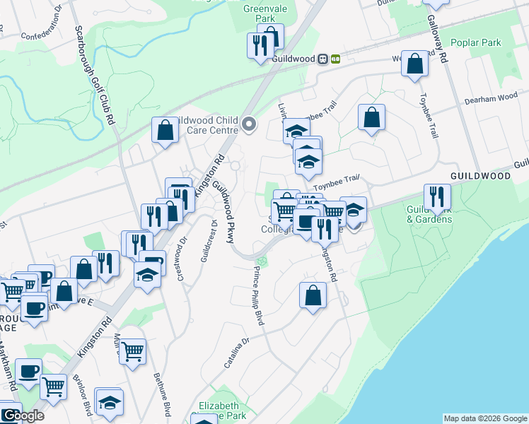 map of restaurants, bars, coffee shops, grocery stores, and more near in Toronto