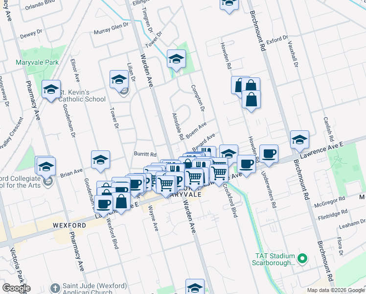 map of restaurants, bars, coffee shops, grocery stores, and more near in Toronto