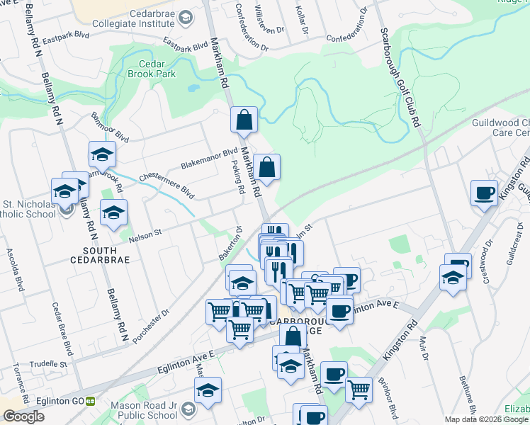 map of restaurants, bars, coffee shops, grocery stores, and more near 313 Markham Road in Toronto