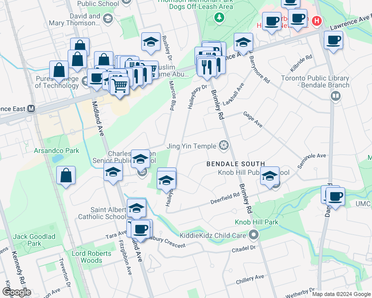 map of restaurants, bars, coffee shops, grocery stores, and more near 6 Shediac Road in Toronto
