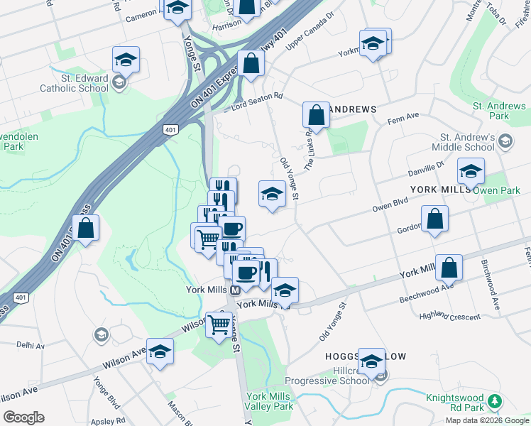 map of restaurants, bars, coffee shops, grocery stores, and more near 21 Don Ridge Drive in Toronto