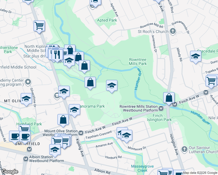 map of restaurants, bars, coffee shops, grocery stores, and more near 50 Panorama Court in Toronto