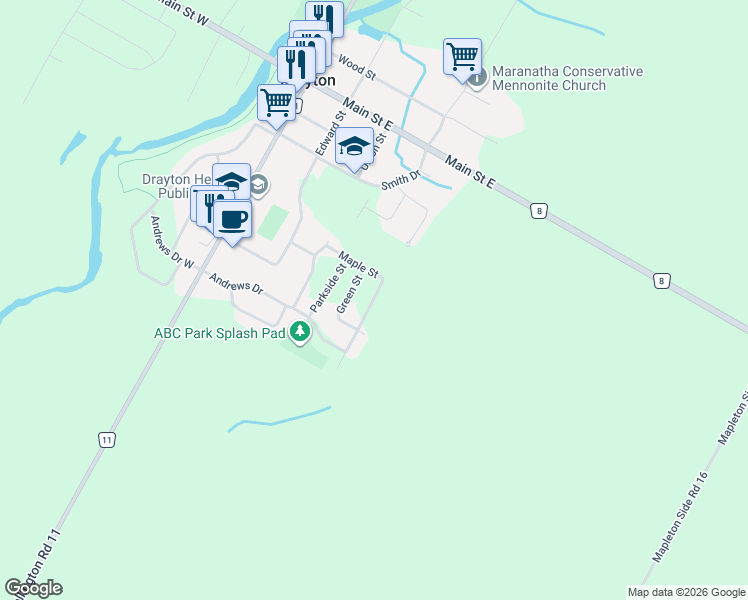 map of restaurants, bars, coffee shops, grocery stores, and more near 103 Maple Street in Wellington County