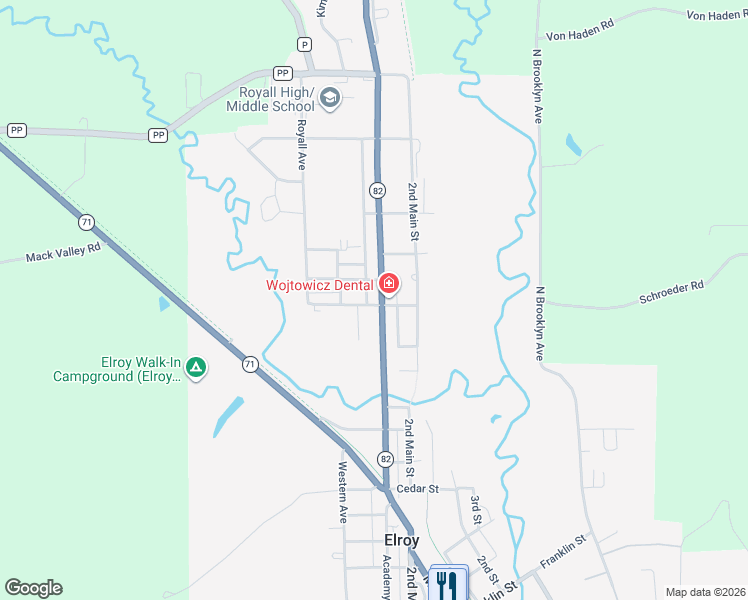 map of restaurants, bars, coffee shops, grocery stores, and more near 1202 Academy Street in Elroy