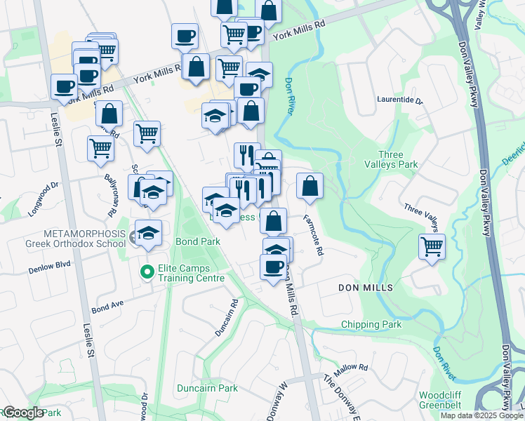 map of restaurants, bars, coffee shops, grocery stores, and more near 1396 Don Mills Road in Toronto