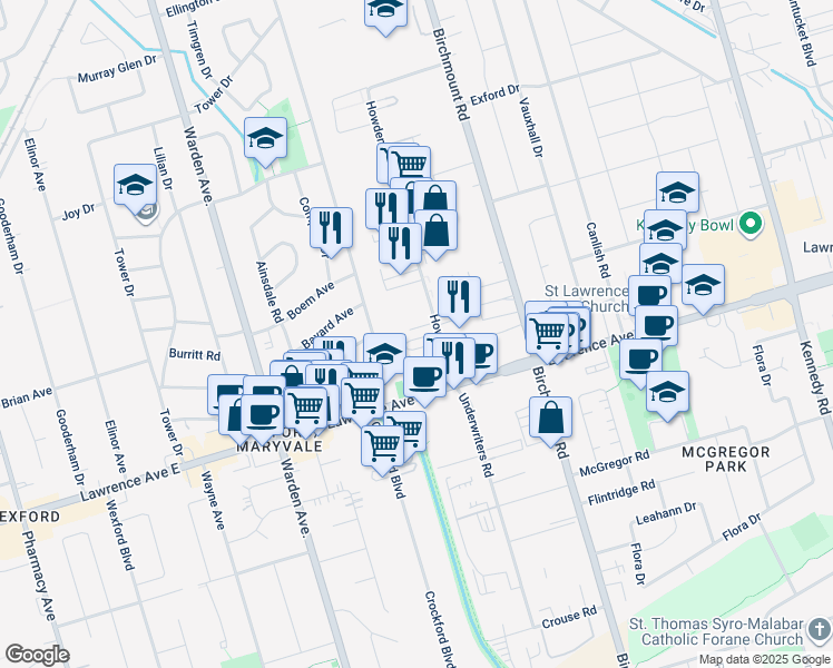 map of restaurants, bars, coffee shops, grocery stores, and more near 3-32 Howden Road in Toronto