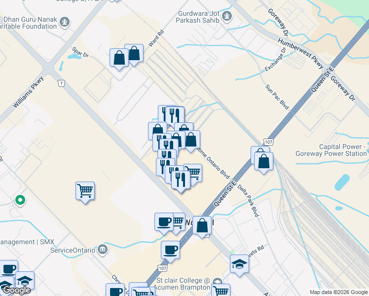 map of restaurants, bars, coffee shops, grocery stores, and more near 20 Maritime Ontario Boulevard in Brampton
