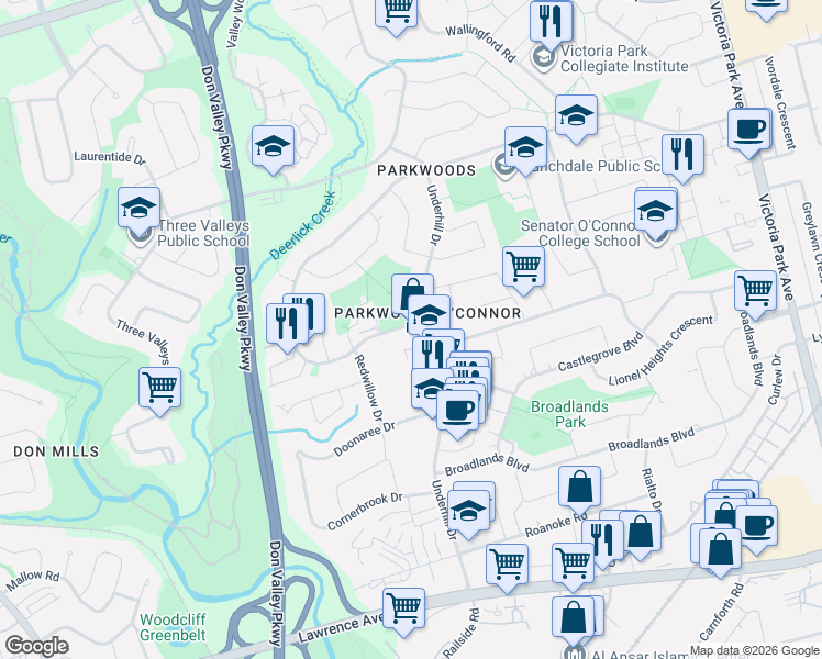 map of restaurants, bars, coffee shops, grocery stores, and more near 8 Cassandra Boulevard in Toronto