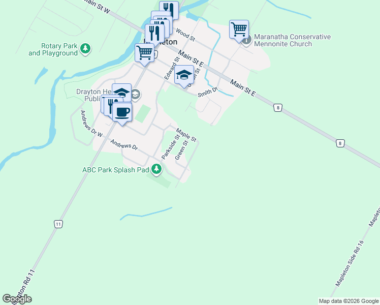 map of restaurants, bars, coffee shops, grocery stores, and more near 99 Maple Street in Mapleton