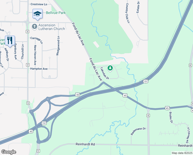 map of restaurants, bars, coffee shops, grocery stores, and more near W4945 Takodah Drive in Fond du Lac