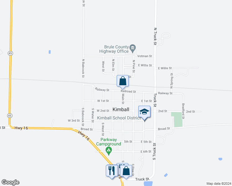 map of restaurants, bars, coffee shops, grocery stores, and more near 116 Railroad Street in Kimball