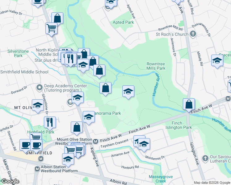 map of restaurants, bars, coffee shops, grocery stores, and more near 46 Panorama Court in Toronto
