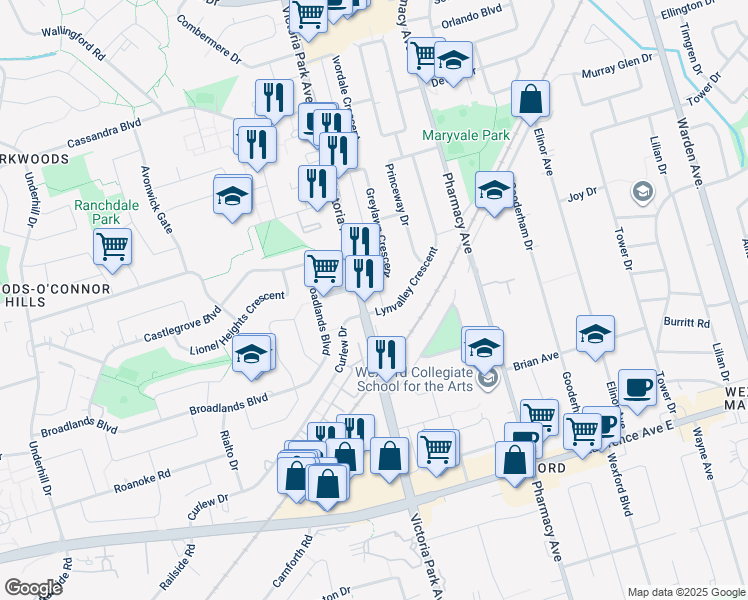 map of restaurants, bars, coffee shops, grocery stores, and more near in Toronto