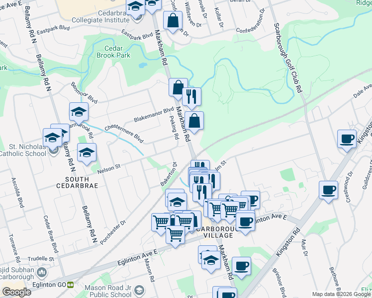 map of restaurants, bars, coffee shops, grocery stores, and more near 399 Markham Road in Toronto