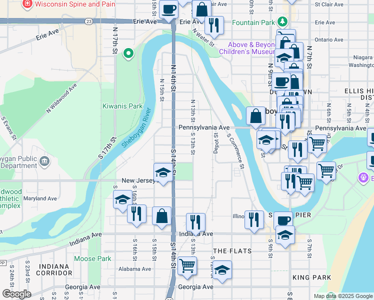 map of restaurants, bars, coffee shops, grocery stores, and more near 526 South 13th Street in Sheboygan