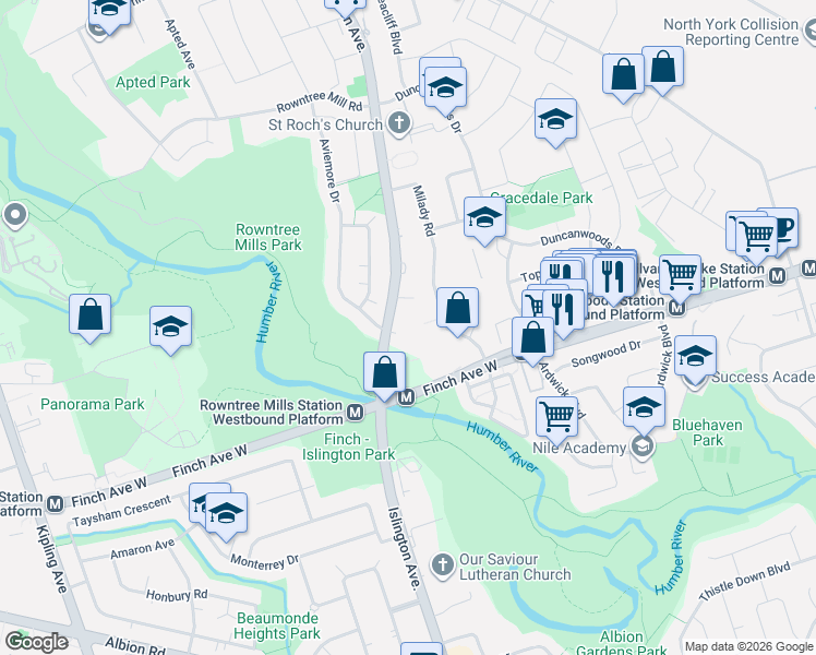 map of restaurants, bars, coffee shops, grocery stores, and more near 2825 Islington Avenue in Toronto