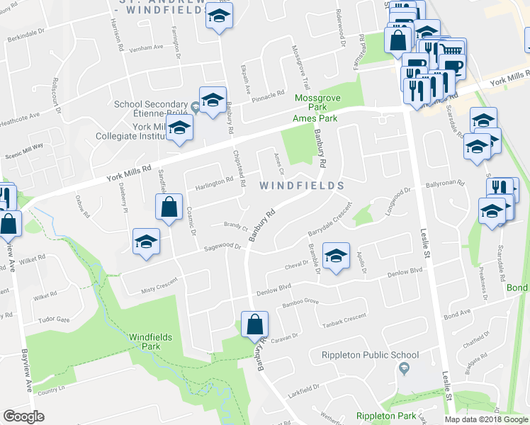 map of restaurants, bars, coffee shops, grocery stores, and more near 198 Banbury Road in Toronto