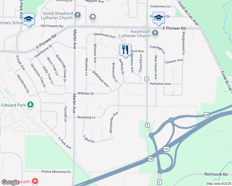 map of restaurants, bars, coffee shops, grocery stores, and more near 561 Wakefield Avenue in Fond du Lac