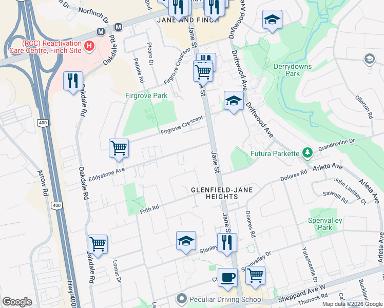 map of restaurants, bars, coffee shops, grocery stores, and more near 32 Eddystone Avenue in Toronto