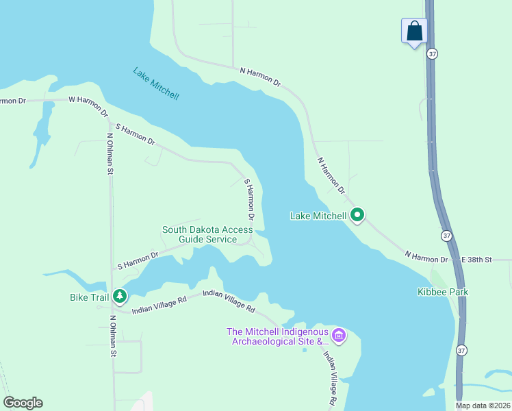 map of restaurants, bars, coffee shops, grocery stores, and more near 165 South Harmon Drive in Mitchell